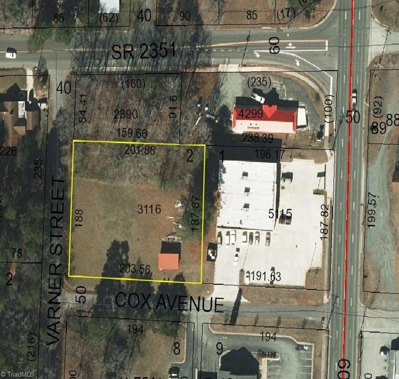Aerial Tax Map.  O'Reilly Auto Parts adjacent to the East and First Bank Southeast across Cox Avenue.